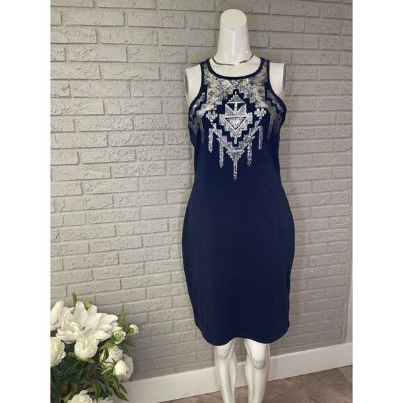 Express Women Navy Blue Aztec Sequin Bodycon Dress Size L - Picture 2 of 9